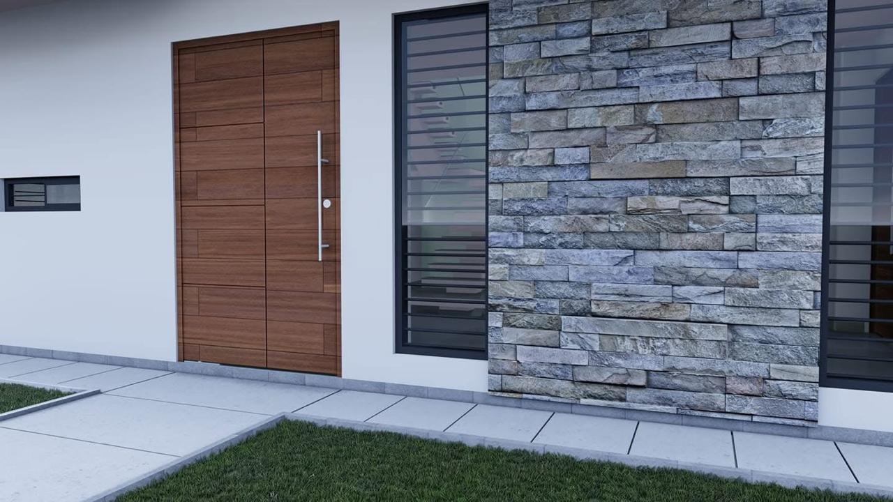 Renderizado — modelo 3D de una vivienda con plano arquitectónico